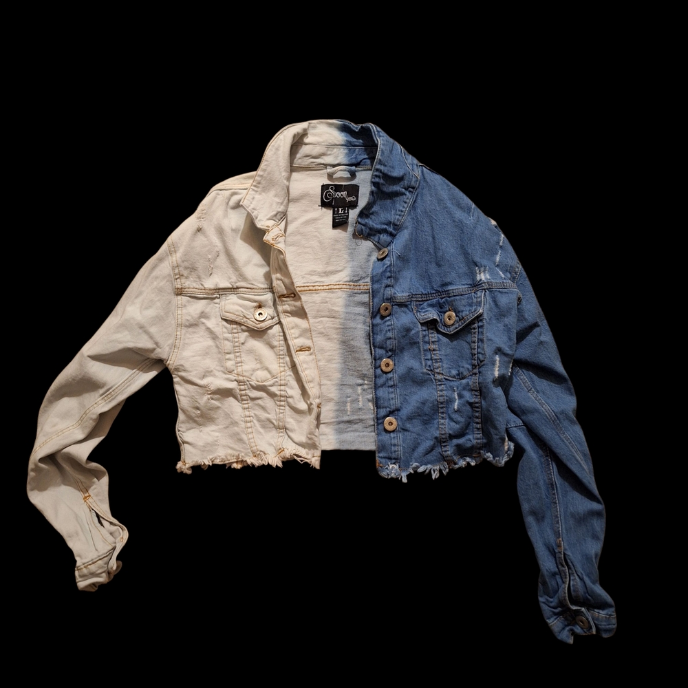 Spoon Jeans Y2K Split Two-Tone Cropped Denim Jacket - Size L (Fits Small)